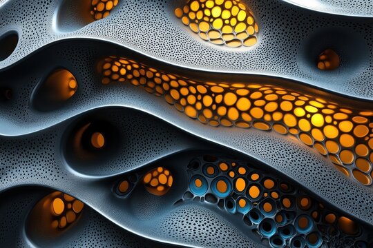 Abstract organic structure with glowing elements and textured surfaces.