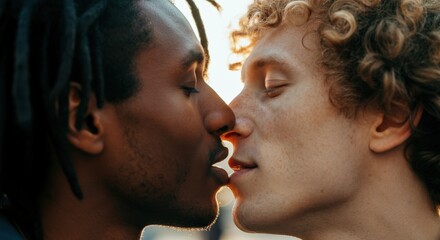 Intimate moment between young african and caucasian men celebrating diversity and romance