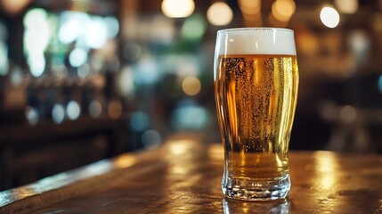 Poster - Refreshing cold beer served in a glass on wooden bar counter in dim ambient lighting : Generative AI