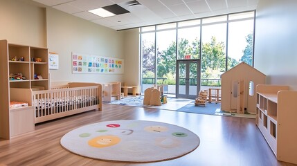 Aufkleber - Bright and Modern Preschool Classroom Interior With Large Window and Play Areas : Generative AI