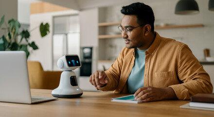 Canvas Print - A man is sitting at a table with a robot and a laptop