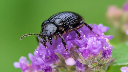 Poster - Close Up of Black Beetle on Purple Flower in Nature Setting : Generative AI