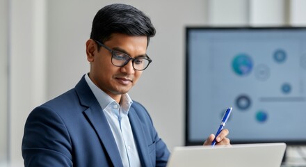 Canvas Print - A man in a suit is sitting at a desk with a laptop and a pen