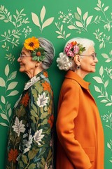 Two stylish seniors adorned with floral headbands, stand back-to-back against a green botanical backdrop.