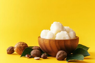 Wall Mural - Shea butter in a wooden bowl on a board with shea nuts against a yellow background