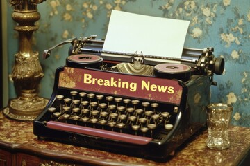 Aufkleber - Vintage typewriter displays breaking news on blank paper in a charming room setting. Generative AI