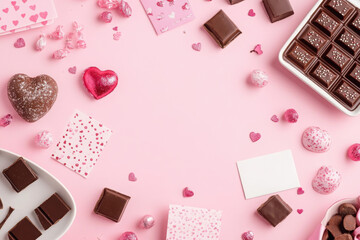 Valentine's Day, love concept. Mock up frame made of confetti, heart symbol accessories, sweets, postcards on pink background. Flat lay, top view. 