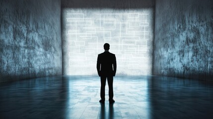 A man stands in a large, empty room with a white wall