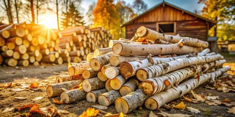 Wall Mural - Stacked birch logs in a woodland setting, bathed in the warm glow of the setting sun.