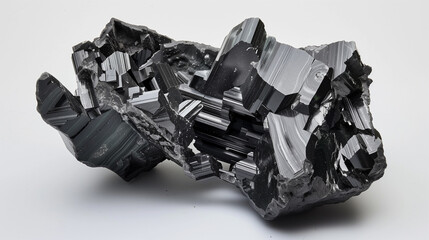 A close-up of a complex cluster of shiny black crystals on a white background, showcasing sharp geometric forms and reflective surfaces. malachite