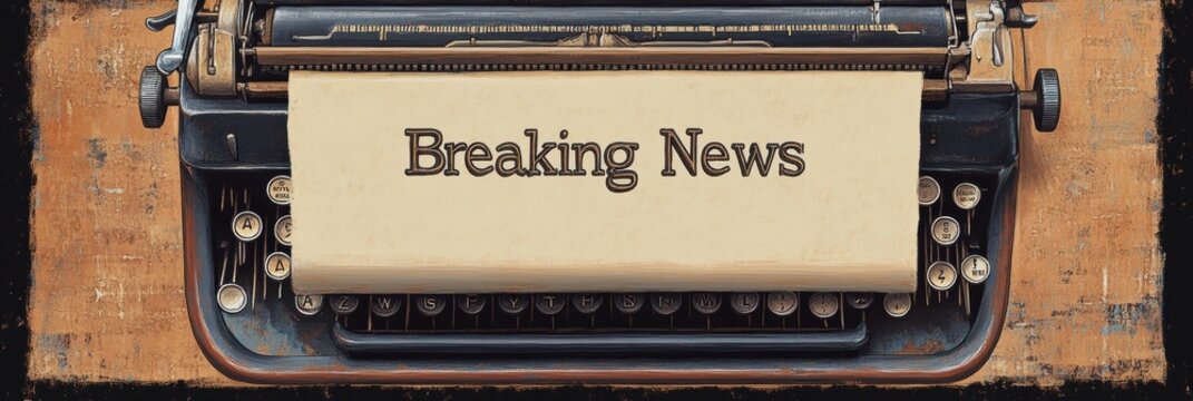 Vintage typewriter displaying bold Breaking News text on a blank sheet of paper with rustic background details. Generative AI