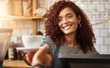 © peopleimages.com - Coffee shop, customer and smile with barista and cup for latte pov, bakery and small business. Serve, woman and cafeteria with person and drinks in cafe bistro for restaurant, waitress and diner