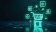 © Denis - Artistic tech depiction of glowing online store with shopping cart icons on dark gradient background