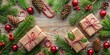 © kavalin - Festive Christmas Gifts Wrapped in Rustic Brown Paper with Red and White Twine, Surrounded by Evergreen Branches, Pinecones, and Red Ornaments on a Wood Background