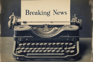 Aufkleber - Vintage typewriter with bold breaking news announcement on a blank sheet of paper. Generative AI