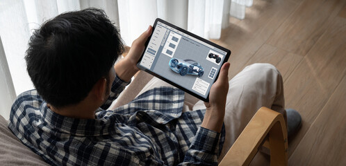 Poster - electric car design software on computer screen showing simulation blueprint snugly by digital calcu