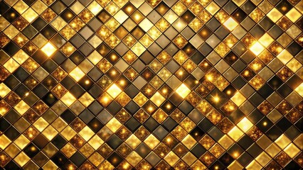 a shimmering golden mosaic of squares, each reflecting a dazzling array of light and texture, create