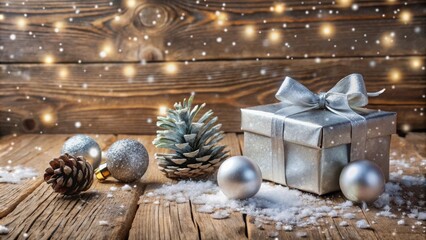 Wall Mural - Silver gift box with bow and silver ornaments on wooden table with snow and festive lights