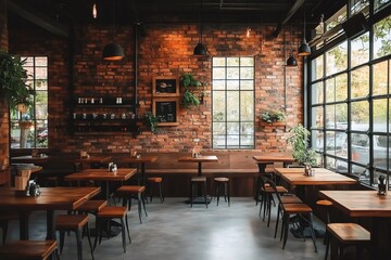 Poster - Empty restaurant interior with wooden tables and chairs showing brick walls