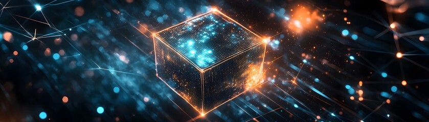 Poster - A captivating representation of a glowing cube surrounded by vibrant particles, symbolizing advanced technology and innovation in a digital universe.