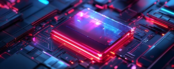 Poster - A close-up of a futuristic microprocessor, illuminated with vibrant blue and red lights, showcasing intricate circuit patterns, symbolizing advanced technology and digital innovati