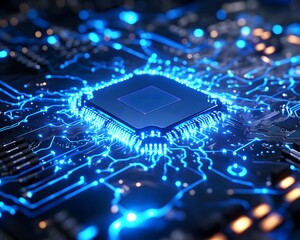 Poster - A close-up view of a modern microchip on a circuit board, illuminated with blue LED lights
