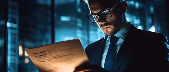Poster - A focused businessman analyzes important documents in a modern office setting, surrounded by sleek technology and ambient lighting, representing diligence and professionalism.