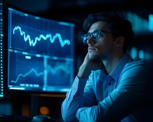 Poster - A focused businessman analyzing financial data on multiple screens in a dimly lit office. He wears glasses and exhibits concentration while reviewing charts and graphs.