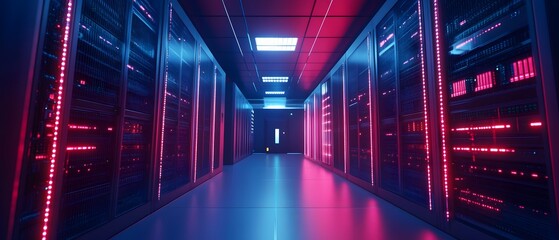 Poster - A futuristic data center corridor illuminated with vibrant pink and blue lights. Rows of servers line the walls, showcasing advanced technology in a modern environment.