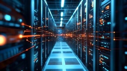 Poster - A futuristic data center corridor filled with servers and glowing data flows, illustrating the power of modern technology and data management in a high-tech environment.