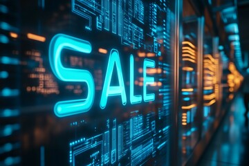 Poster - Futuristic server room showing big sale sign on digital screen