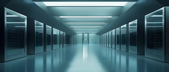 Poster - A modern server room interior with rows of server racks and bright overhead lights, showcasing a sleek and organized environment ideal for data management and technology.
