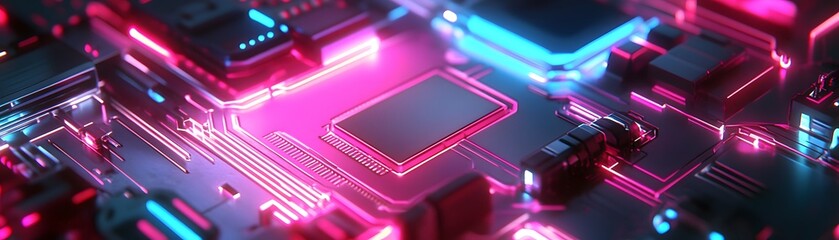 Poster - A vibrant, futuristic close-up of a circuit board illuminated with neon pink and blue lights. The intricate design showcases the complexity of modern technological components.