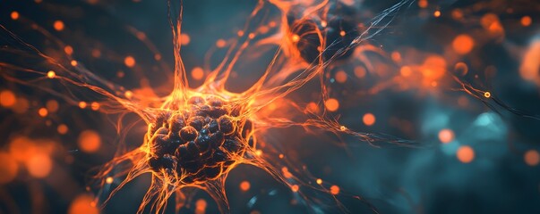 Poster - An abstract representation of neurons with glowing orange connections. This image illustrates the complexity of neural networks and their role in communication within the brain.