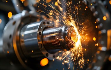 Poster - Close-up view of a machine part undergoing a precision engineering process, showcasing sparks and detailed mechanics, symbolizing innovation and manufacturing excellence.