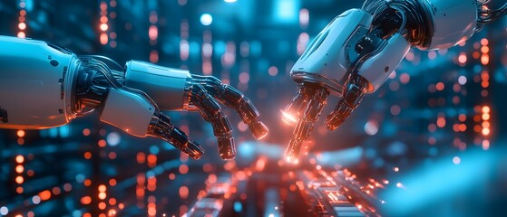 Poster - Intricate close-up of robotic hands engaging in a digital connection, showcasing advanced technology and the fusion of humanity with artificial intelligence in a futuristic environ