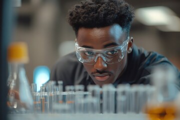 Leinwandbilder - Scientist wearing safety glasses carefully examining test tubes in laboratory