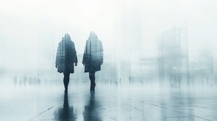 Wall Mural - Two silhouetted figures walking through a foggy urban landscape, blurred buildings in the background