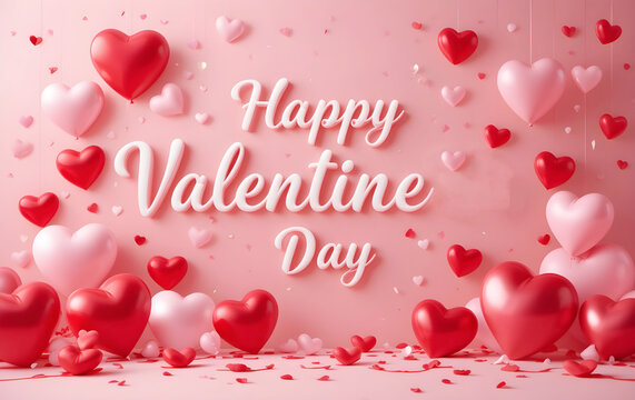 Happy Valentine's day text for red pink hearts shape balloon with saint valentine and love pink background concept.