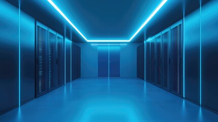 Aufkleber - Minimalist server room with glowing blue lights, sleek racks, and reflective tiled floors, creating a clean and futuristic design. Ideal for IT and technology themes