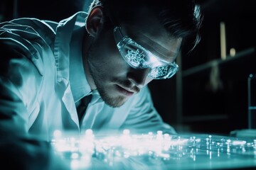 Poster - Scientist examines glowing circuit board in laboratory during late night research session
