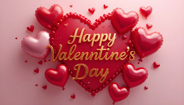 Happy Valentine's day text for red hearts shape  balloon with saint valentine and love pink background concept.