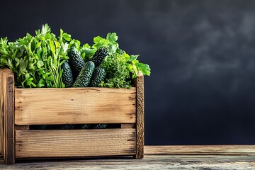 Wall Mural - Fresh Cucumbers and Herbs in Wooden Crate