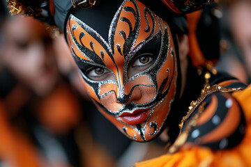 Close Up Portrait of a Woman in an Orange and Black Costume with