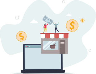 Wall Mural - Online business as ecommerce shopping business model.Sell products on internet using website and digital payment systems.flat characters.