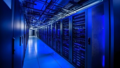 Poster - Modern data center with blue lighting ambiance.