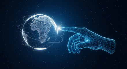 Poster - Digital hand touching digital globe. Technology hand interacts with digital earth. Digital hand and globe with technology concept