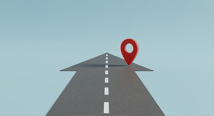 Poster - road with location pin on a gray asphalt surface. red location pin on the road pointing forward