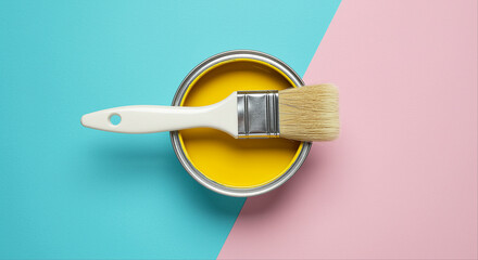 Poster - Paint can with yellow paint and brush on blue and pink background. Paint brush on paint can with yellow paint. Yellow paint in can with paint brush