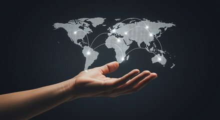 Poster - Hand holding world map with global network connections. World map with network connections in hand